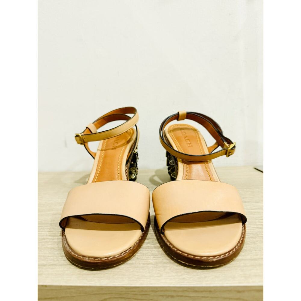 Coach Tea Rose Leather Floral Embellishment Block Heel Sandals Beige Women's 9.5 - Picture 3 of 6